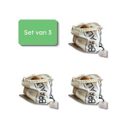 Bag-again katoenen broodzakken met bedrukking BREAD maat S set van 3