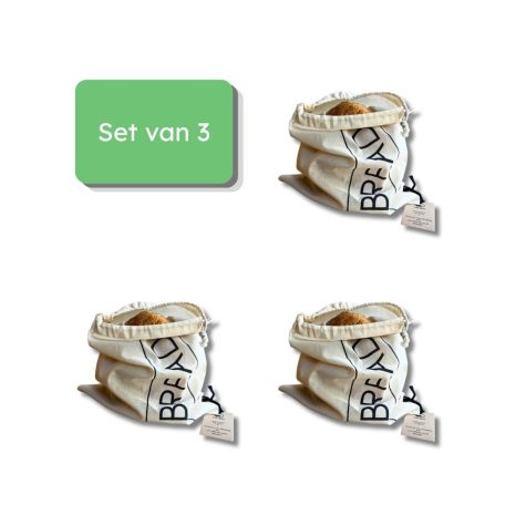 Bag-again katoenen broodzakken met bedrukking BREAD maat S set van 3