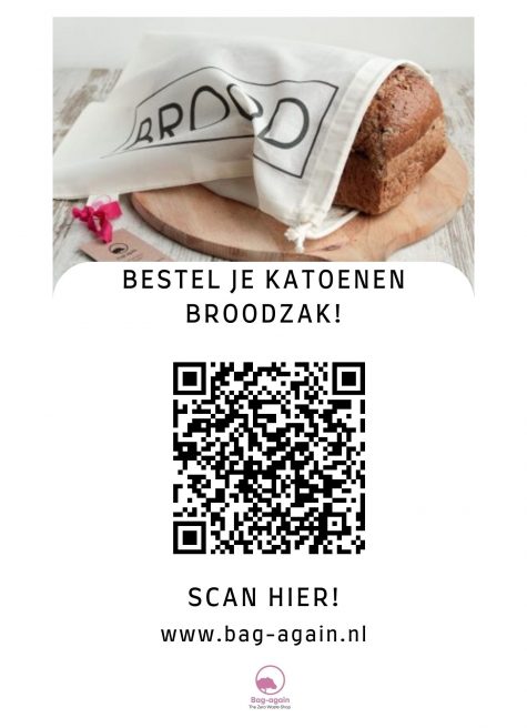 bestel je katoenen broodzak bij Bag-again zero waste webshop poster A4 formaat met QR code